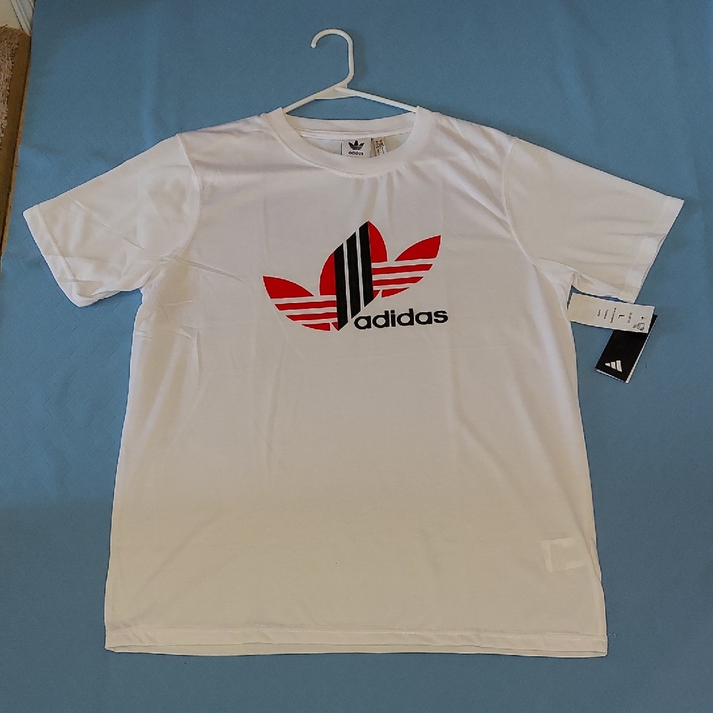 Adidas Men's White Tee with Red and Black Logo